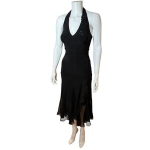 Vintage‎ Lipstick Black Halter Dress Beaded Applique Ruffle Hem Small Whimsigoth